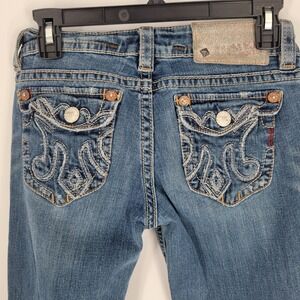 MEK Denim Lagos Boot Cut Jeans Womens 28 Distressed Blue Embroidered Pockets